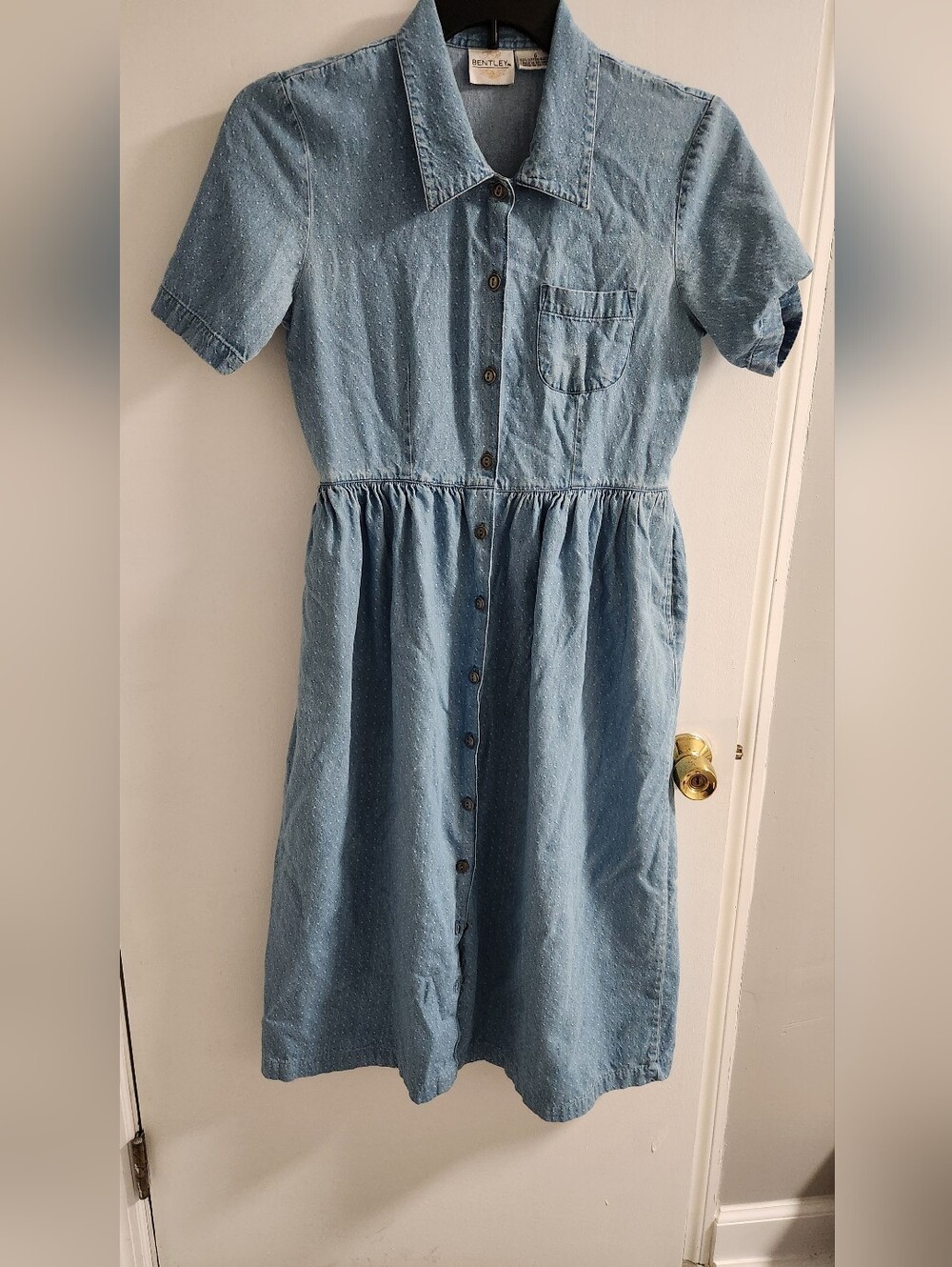 Vintage Bentley Light Blue Polka Dot Denim Button-Front Shirt Dress, Size 6